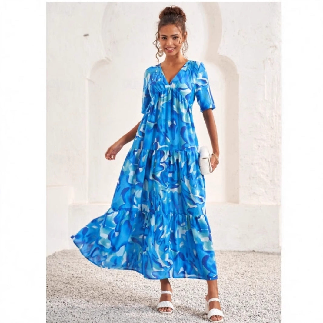 Kvinna Bohemisk Klänning V-hals Lång Polyester 4