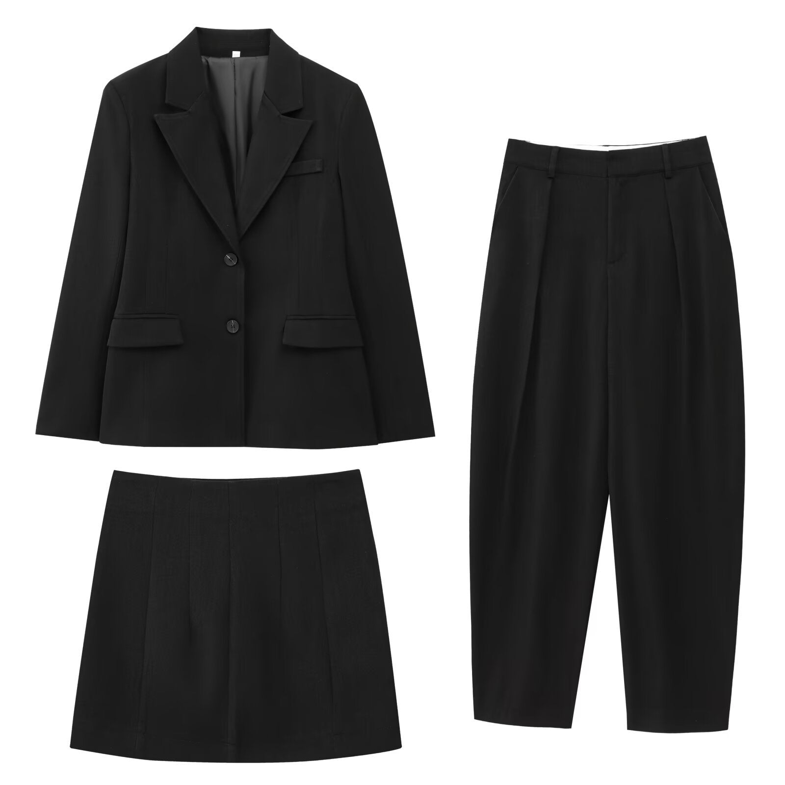 Tre-delars Set för Dam med Kappa, Byxor och Mini Kjol i Polyester – Elegant och Mångsidig Outfit för Vardag och Fest 3