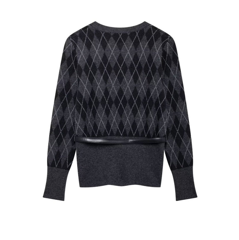 Kvinnors Cardigan Diamantmönster Mjuk Stickad med Midjebälte-4