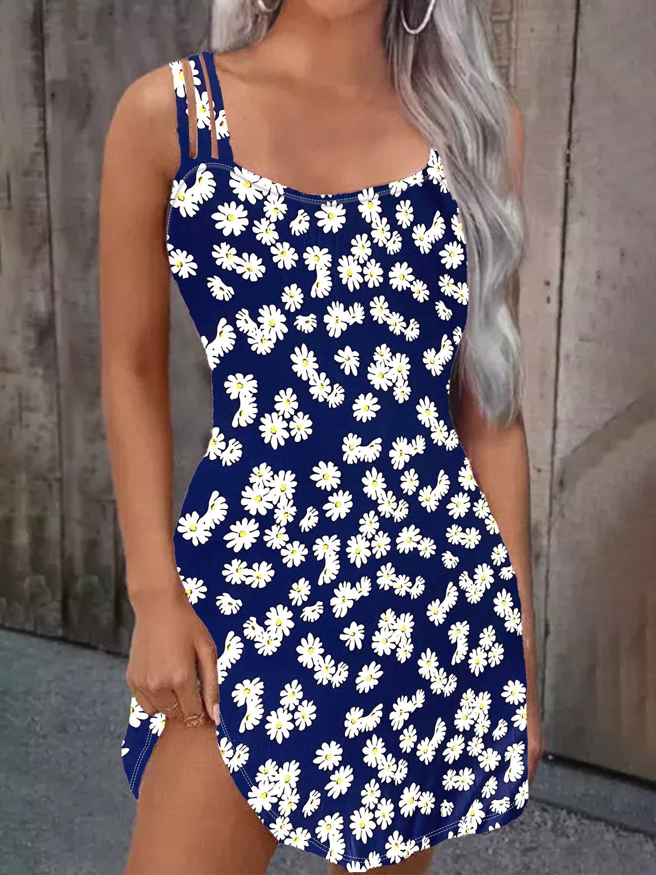 Variant image for Kvinnors Mini Klänning Spaghetti Band Blommönster Polyester-16