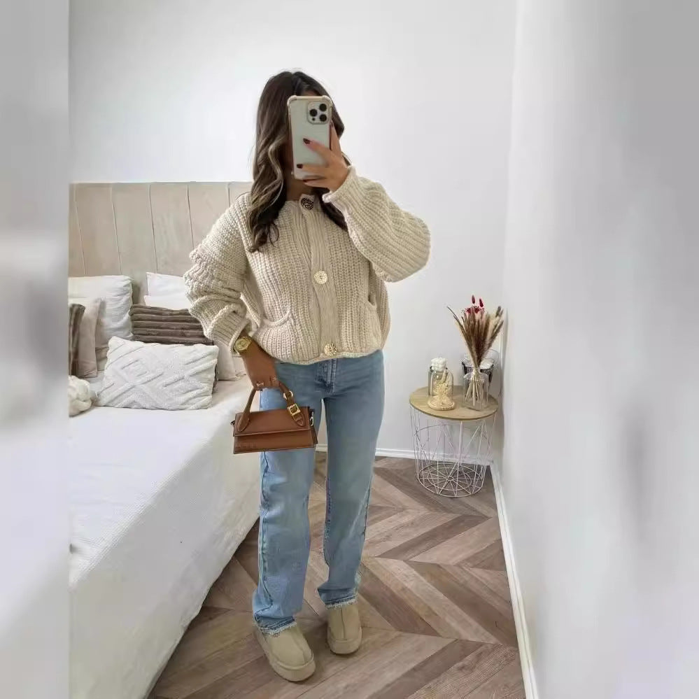 Kvinnors Stickad Kofta Öppen Design Bomull med Fickor-4