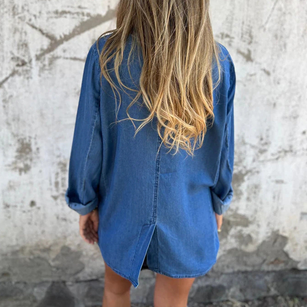 Dam Lång Jeansjacka Med Krage I Högkvalitativ Denim-3