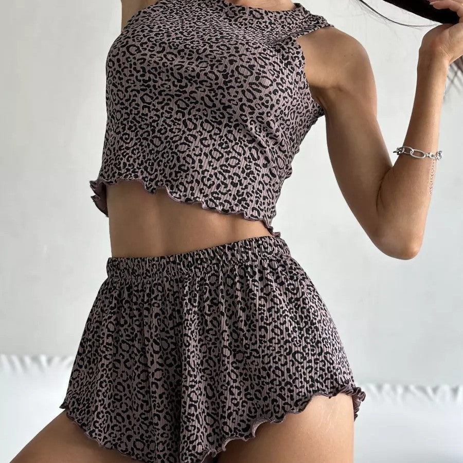 Dam Camisole Shorts Leopardmönster Lätt Polyester-1
