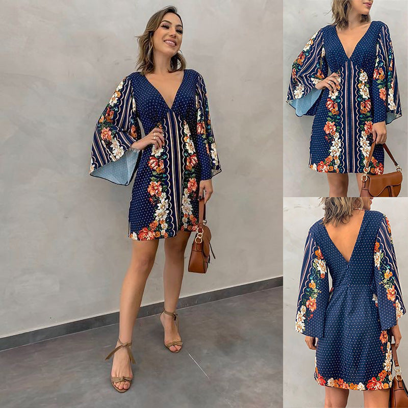 Kvinnors Miniklänning Djup V-ringning Blommönstrad Polyester-2