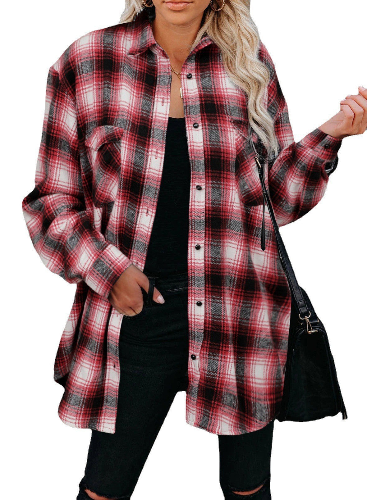 Dam Skjorta Långärmad Rutig Polyester Löst Fit-5