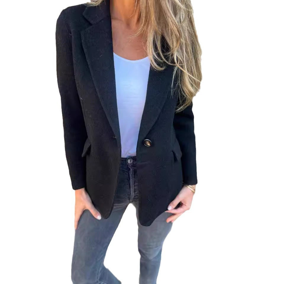 Dam Fritidsjacka Regular Fit Ull Spandex med Knapp och Faux Fickor-6
