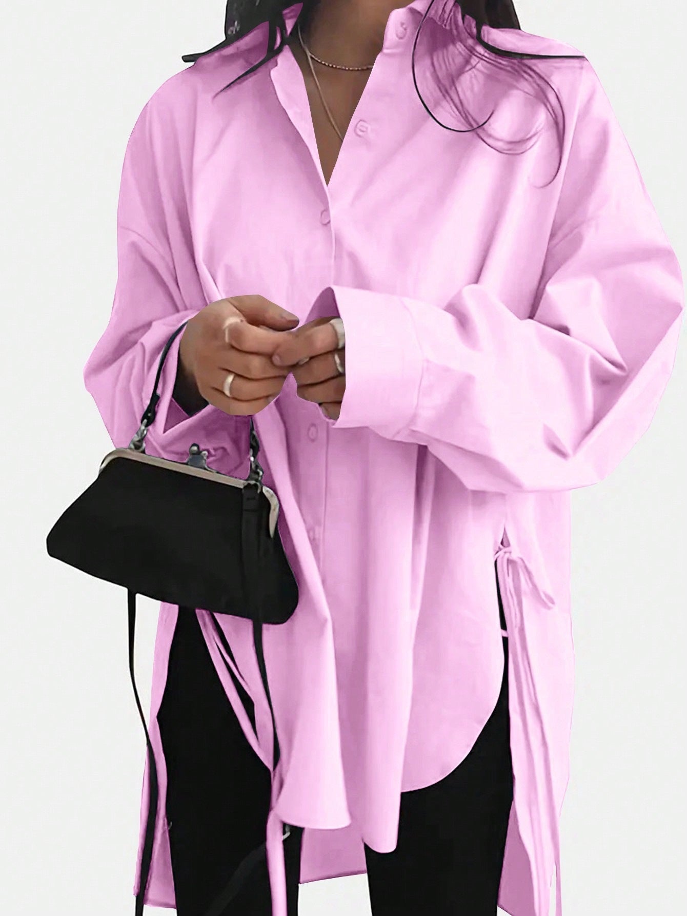 Dam Lång Skjorta Snörning Polyester Streetwear-5