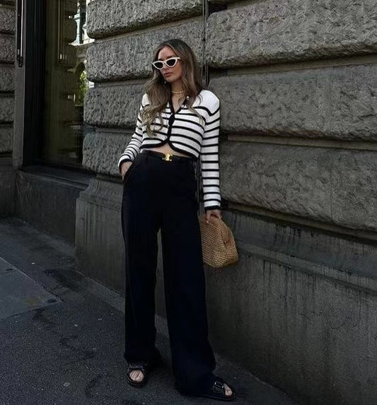 Dam Kofta Vintage Randig SpĂ€nnbĂ„ge i Polyester â Tidlös Elegans och BekvĂ€m Passform för Alla TillfĂ€llen 1