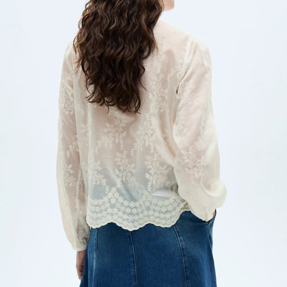 Långärmad Blus Dam Broderad Tencel Chiffon Elegant 4