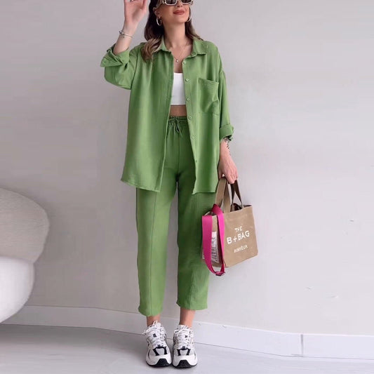 Dam Tvådelad Uppsättning Långärmad Skjorta Polyester Förkortade Byxor-1