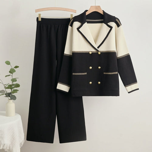 Dam Set Dubbelrad Stickning Bred Stickbyxor Spandex-1