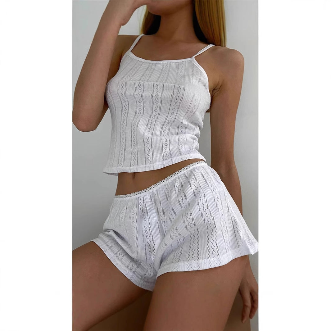 Dam Casual Set med Geometriskt Mönster – Ärmlös Top och Korta Byxor i Vit och Svart Jacquard 2