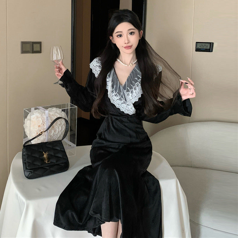 Damklänning Spets Långärmad V-hals Polyester Elegant-4