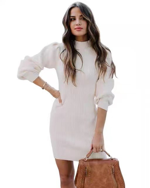 Dam Klänning Mini Bodycon Ribbad Hög Krage med Puffärmar-1