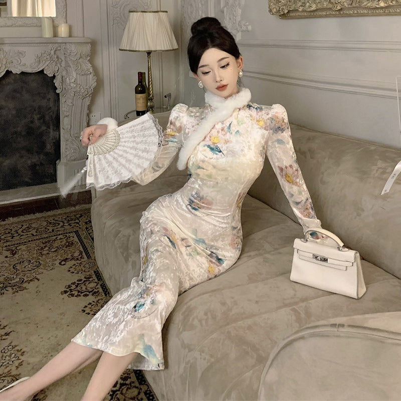 Kvinnors Midi Klänning Qipao Stil Högkvalitativt Tyg-4