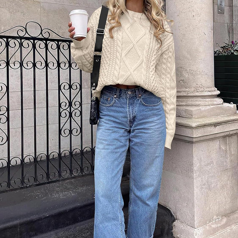 Kabelstickad Tröja Dam i Mjuk Bomullsmix med Rund Halsringning – Elegant och Avslappnad Stickad Tröja för Kalla Dagar 2