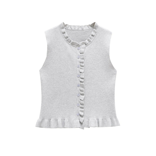 Kvinnors Ărmlös Topp med Ruffles och Knappdetaljer Bomullsblandning 1