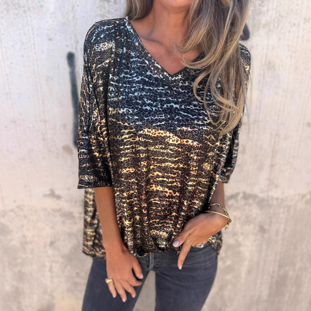 Kvinnors Leopardmönstrad Topp Löst Klippt Polyester-3