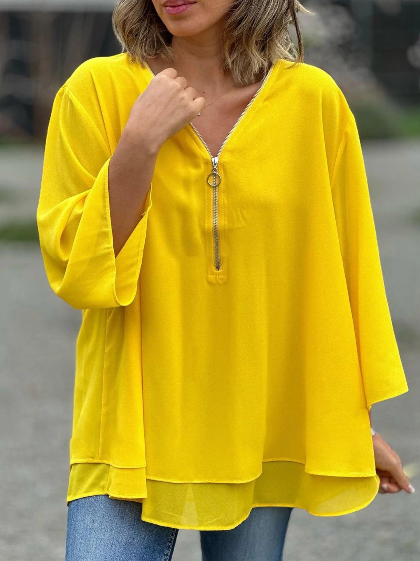 Dam Chiffon Topp Löst Fit med V-ringning och Dragkedja 10