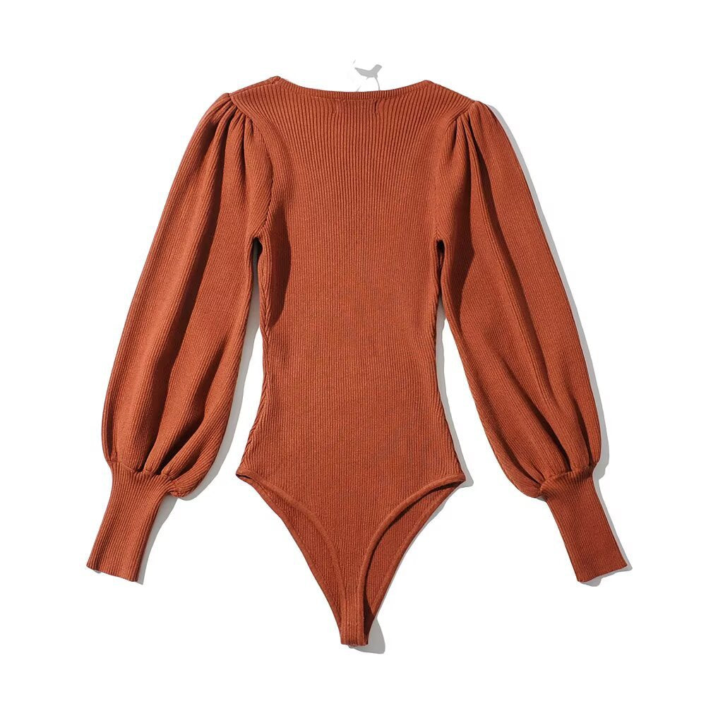 Variant image for Kvinnor Bodysuit Långärmad Puffärmar Ribbat Elastiskt Tyg-4