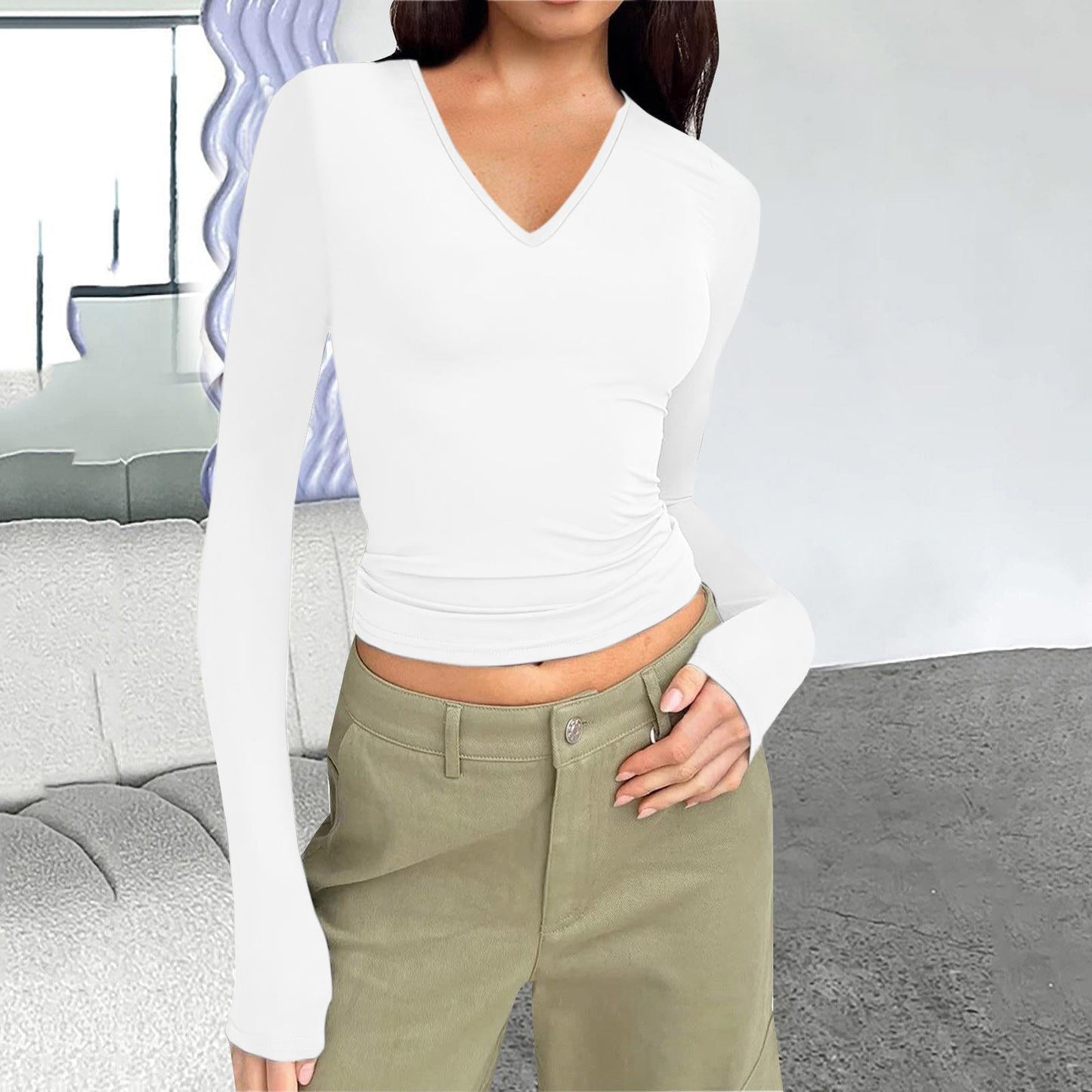 Långärmad T-Shirt Dam V-Neck i Polyester för Streetwear – Monokrom Design med Patchwork Detaljer 6