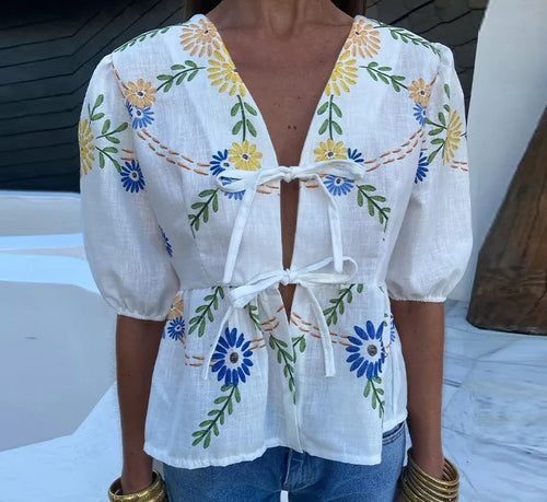 Dam Blus V-Hals Blommig Broderi Lätt Tyg 1
