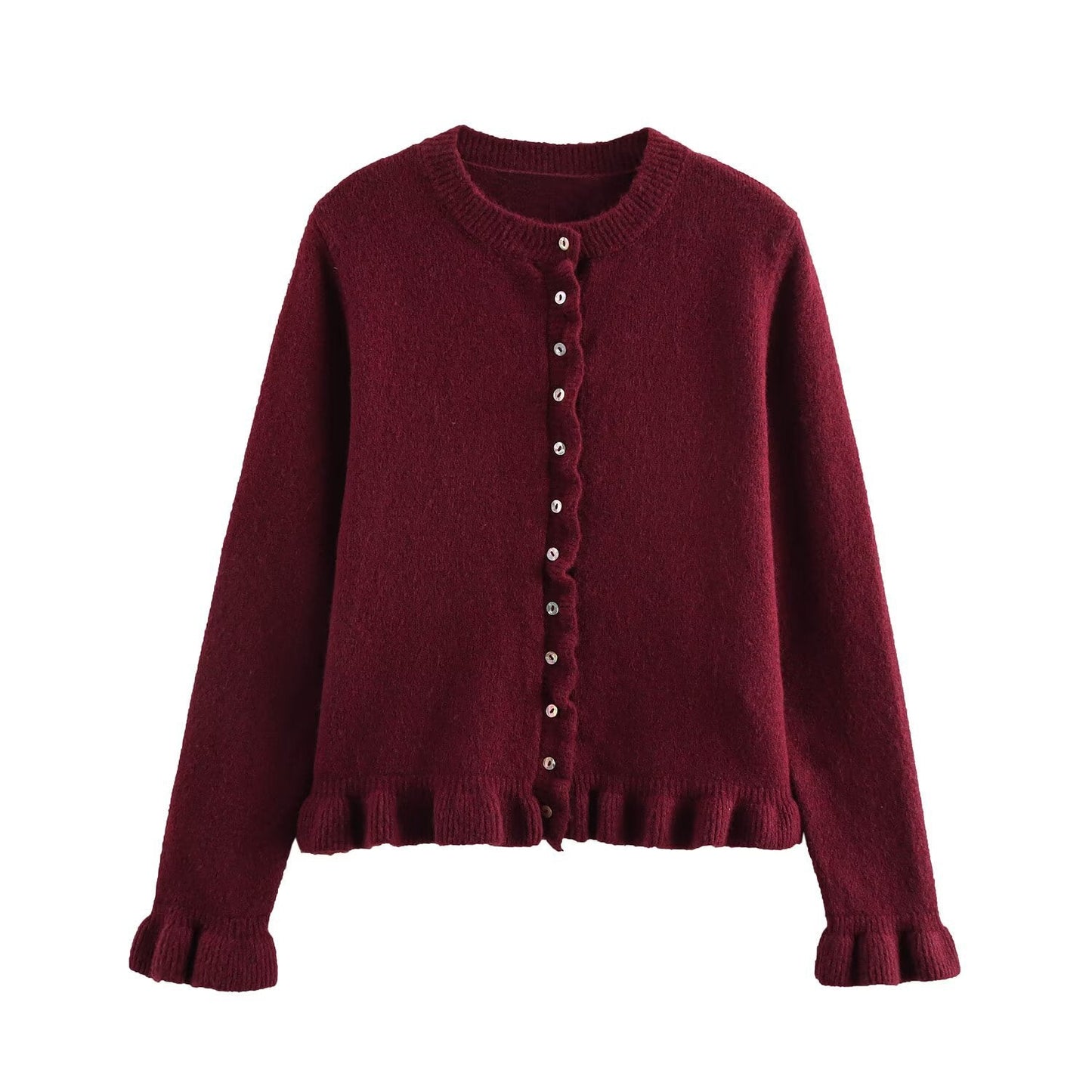 Lång Kofta Dam Stickad Med Klockärmar och Rund Halsringning-1