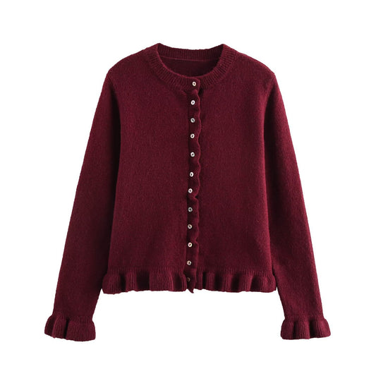 Lång Kofta Dam Stickad Med Klockärmar och Rund Halsringning-1