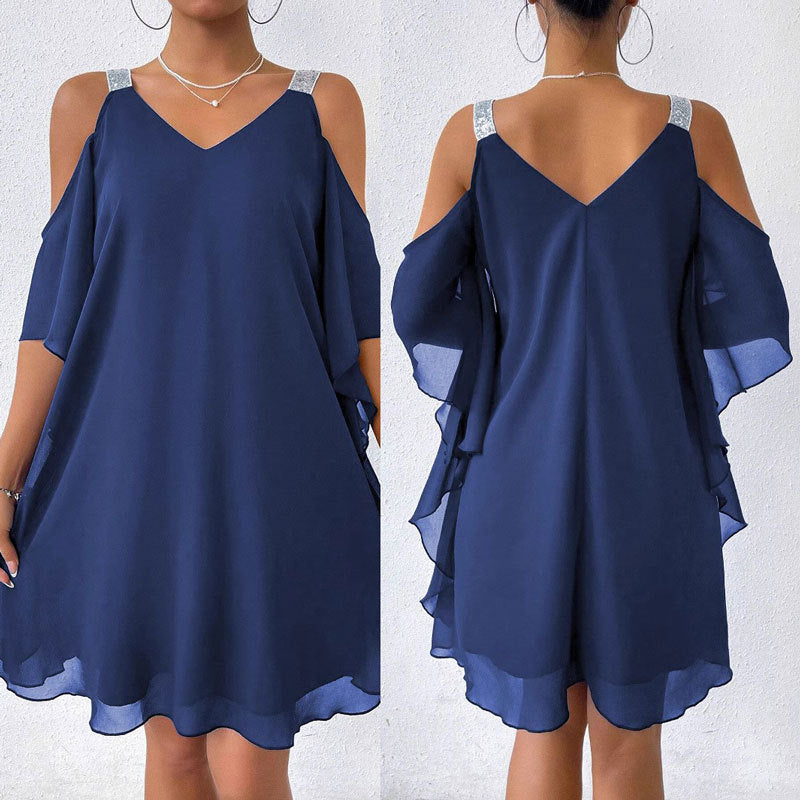 Kvinnor Midi Klänning V-Neck Chiffong med Paljetter-2