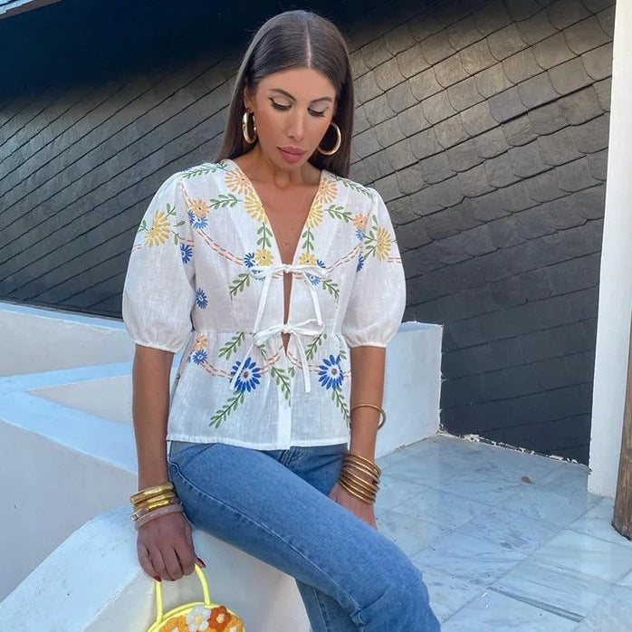 Dam Blus V-Hals Blommig Broderi Lätt Tyg 4