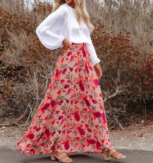Dam Midi Kjol Blommig Chiffon Elegant-1