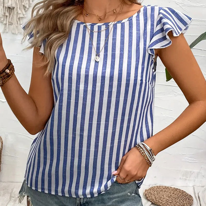 Damen V-Ausschnitt Oberteil mit Streifen – Kurzarm Bluse aus atmungsaktiver Baumwollmischung in S bis XL 2