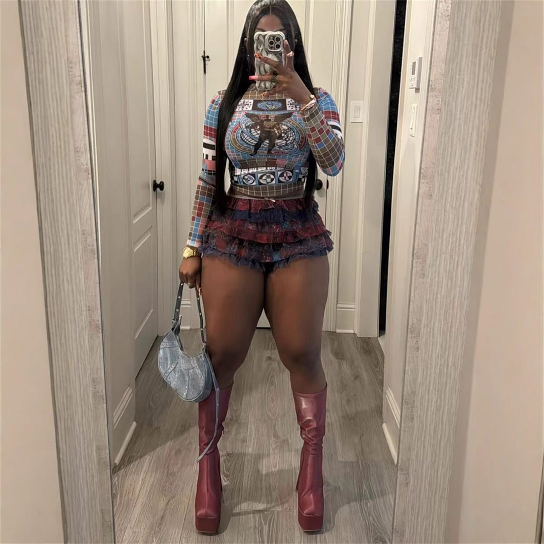 Kvinna Mini Kjol Set Långärmad Polyester Spandex-3