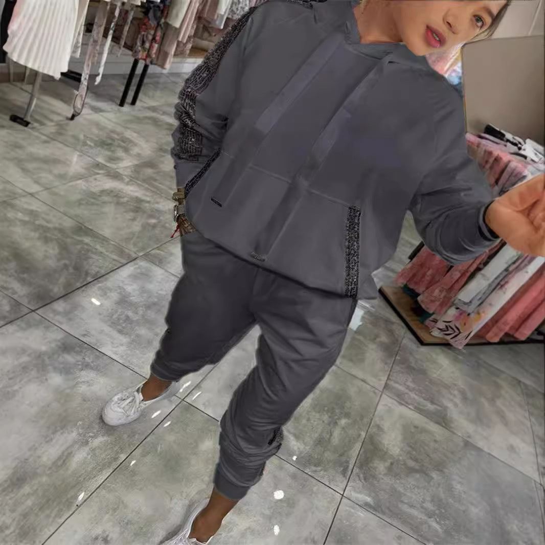 Dam Hoodie Set med Paljetter och Långärmad Byxor i Polyester-4