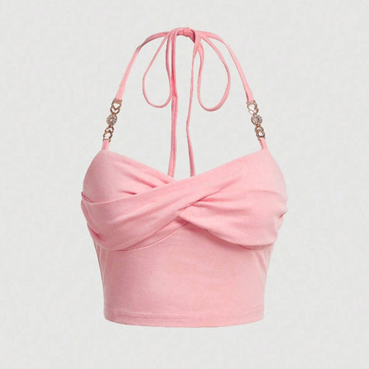 Kvinnors Halterneck Topp Stretchigt Material Monokrom Design-1