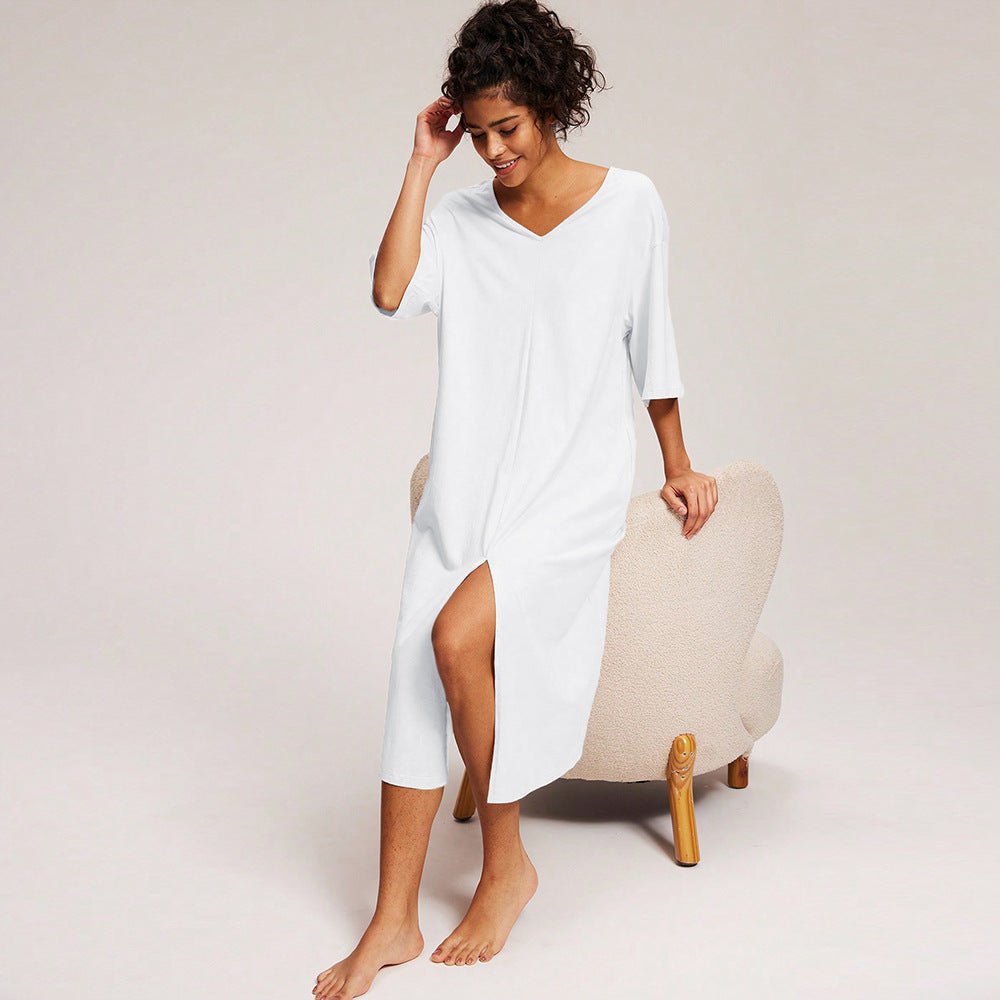 Dam Midi Klänning V-ringad Mjuk Bomull-3