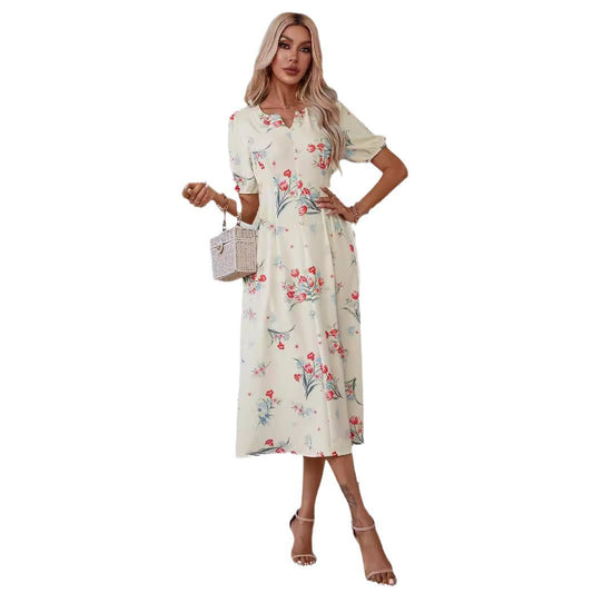 Kvinna Lång Ärmlängd Klänning Blommig Hög Midja Polyester-1