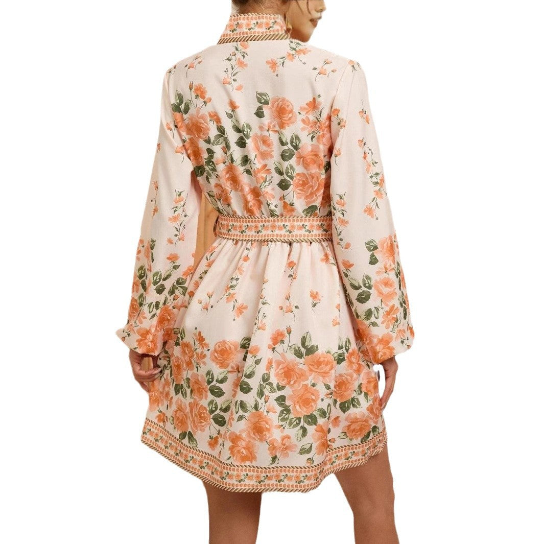 A-linjeformad Klänning för Kvinnor med V-ringning och Långa Ärmar – Mönstrad Polyester, Kort Längd 6