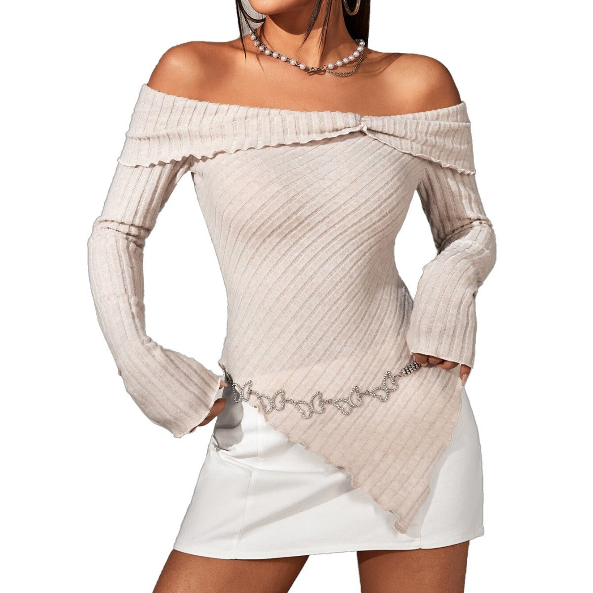 Kvinnors Off-Shoulder Topp Ribbstruktur Polyester Fest Toppar-6