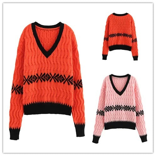 Stickad Dam Tröja med V-Ringning och Kontrasterande Mönster – Mjuk och Bekväm för Höst och Vinter 2
