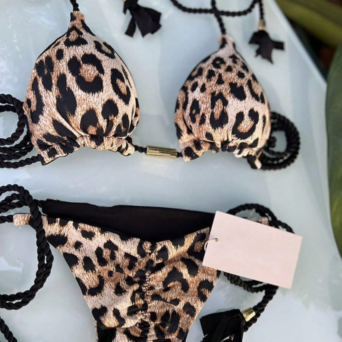 Kvinnors Bikini Set Triangel Snabbtorkande Tyg Leopardmönster-3