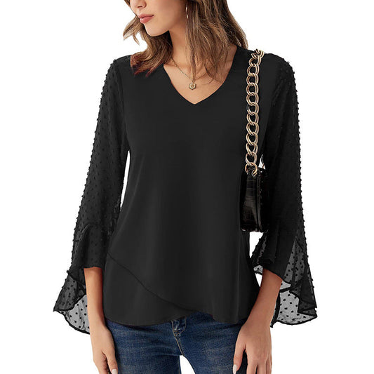 LĂ„ngĂ€rmad Blus för Dam med V-hals och Rynkningsfri Polyester â Elegant Svart Blus med RaglanĂ€rmar 1