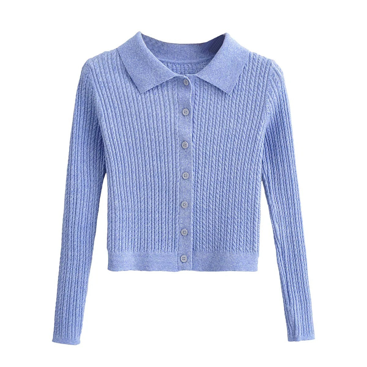Kvinnors Stickad Blus med Elegant Krage och Strukturerad Yta av Andningsbart Tyg 2