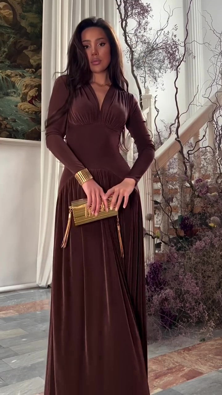 Kvinna Lång Klänning V-Neck Högkvalitativt Tyg-1