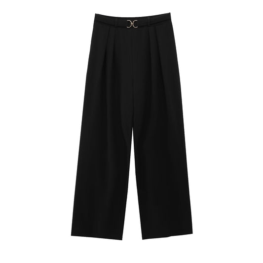 Snygga Byxor Dam Hög Midja med Metall Detaljer i Polyester-1