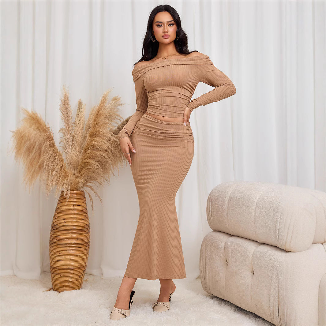 Kvinnors Off-Shoulder Top Bodycon Lång Kjol Set Polyester-5