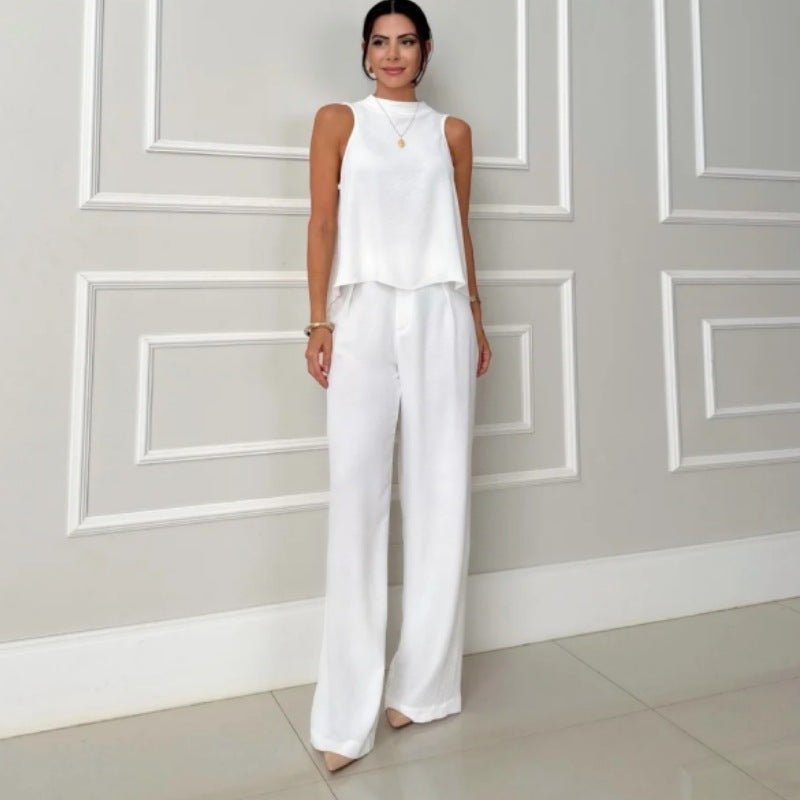 Kvinnors Avslappnade Set Ärmlös Topp och Breda Ben Byxor Mjuk Bomull-5
