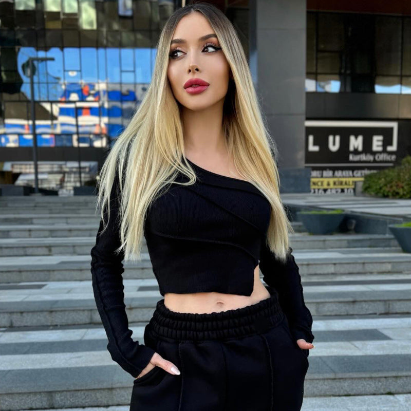 Dam Långärmad Crop Top Asymmetrisk Design Elastisk Bomull 6