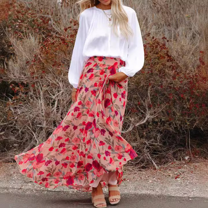 Dam Midi Kjol Blommig Chiffon Elegant-3