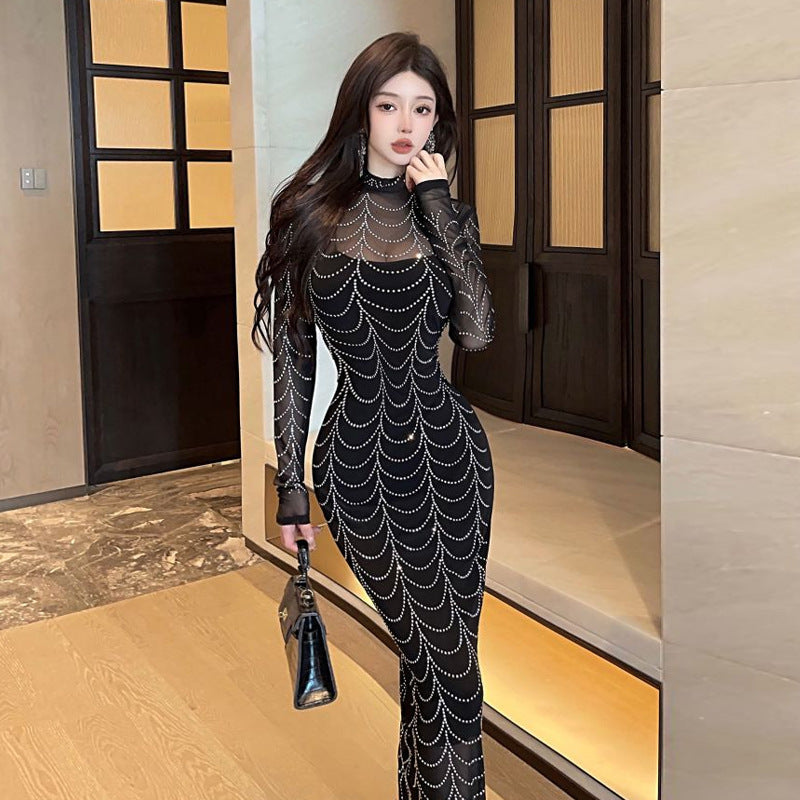 Kvinnors Bodycon Klänning med Stand-krage och Rhinestone Mesh-2